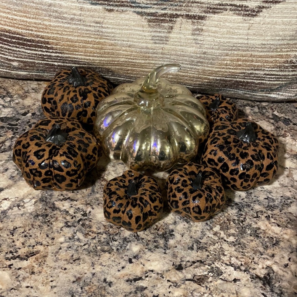 6 multi size leopard print and glass blown silver speckled pumpkins